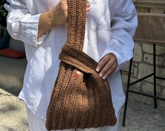 Raffia Knot Bag In Tan For Women | Handmade Straw Bag With Unique Handle | Boho Woven Purse For Summer Outfits Weddings Or Travel