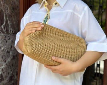 Raffia Large Clutch Bag For Wedding | Straw Knitted Beige Raffia Bag | Natural Boho Clic