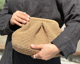 Beige Raffiaväska för kvinnor | Handgjord vävd halmväska med dragkedja | Boho sommarväska för stranddagar, resor, bröllop eller vardagliga outfits