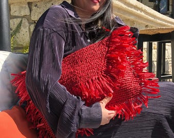 Red Raffia Fringe Purse Handmade Boho Crochet Accessory for Resort Wear Festival