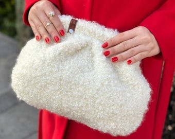 White Curly Fabric Dumpling Clutch Womens Handbag | Knitting Puffy Clutch | White Evening Bag for Womens | Large Clutch Bag