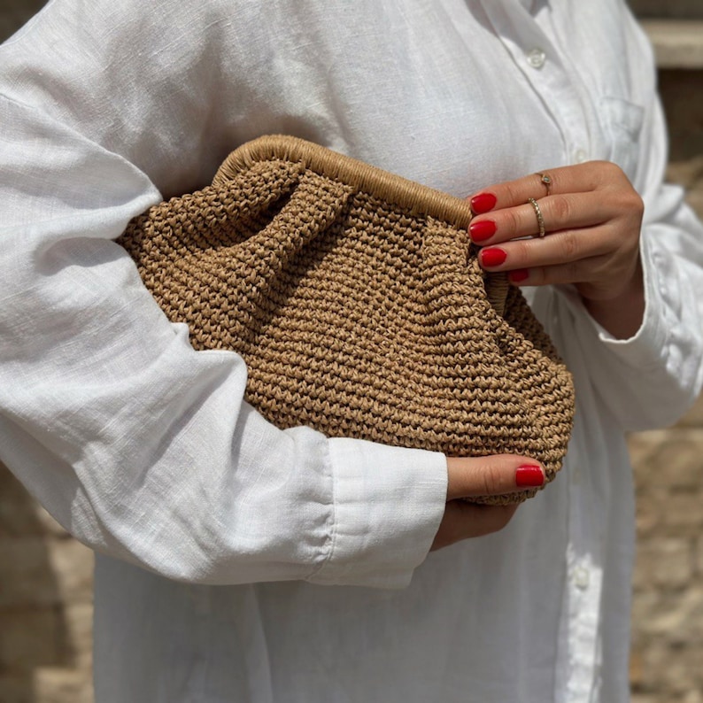 Small Raffia Beige Clutch Bag For Women Straw Knitted Raffia Bag Pouch Clutch Bag With Hidden Metal Locked image 2