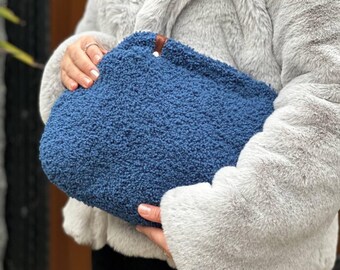 Dark Blue Handmade Crochet Dumpling Bag | Unique Textured Knit Bag for Women | Teddy Pouch Crochet Bag | Gift for Women Cloud Bag