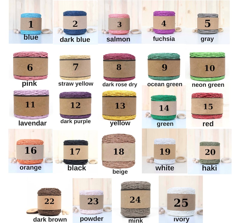 Peut inclure: Une collection de 25 bobines de ficelle de diff&eacute;rentes couleurs, notamment bleu, rose, vert, jaune, rouge, orange, noir, blanc, beige, marron et gris. Chaque bobine est &eacute;tiquet&eacute;e d'un num&eacute;ro de 1 &agrave; 25 et du nom de la couleur correspondante.