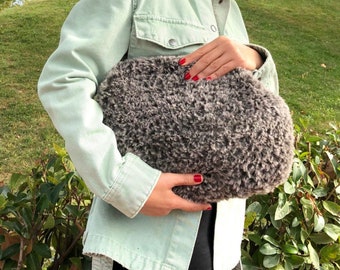 Handmade Furry Bag | Knitting Puffy Clutch Dumpling Bag | Shearling Clutch for Wedding Bag