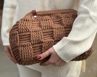 Beige Wool Clutch Handbag For Women With Hidden Metal Lock | Puzzle Wool Pouch Clutch | Handmade Evening Bag For Weddings Or Daily Use