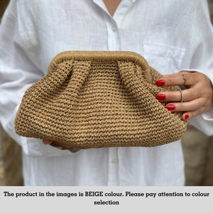 Small Raffia Beige Clutch Bag For Women Straw Knitted Raffia Bag Pouch Clutch Bag With Hidden Metal Locked image 6