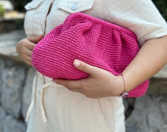 Candy Pink Raffia Natural Handbag | Straw Knitted Raffia Bag | Pouch Clutch Bag With Hidden Metal Locked