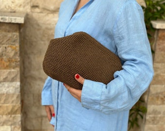 Medium Dark Brown Raffia Clutch Bag | Woven Straw Summer Handbag | Knitted Raffia Clutch For Women