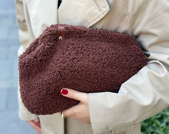 Dark Brown Knitting Cloud Bag | Teddy Pouch Crochet Bag | Gift for Women Bag