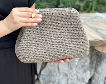 Bolso clutch de rafia de visón para boda / Bolso de rafia de punto de paja / Bolso tejido medio natural