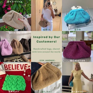 May include: A collage of images showcasing various crocheted bags in different colors, including beige, pink, purple, and blue. The bags are all handmade and feature a unique, gathered design. The text "Inspired by Our Customers!" and "Handcrafted bags, shared with love around the world." is displayed in the center of the collage.