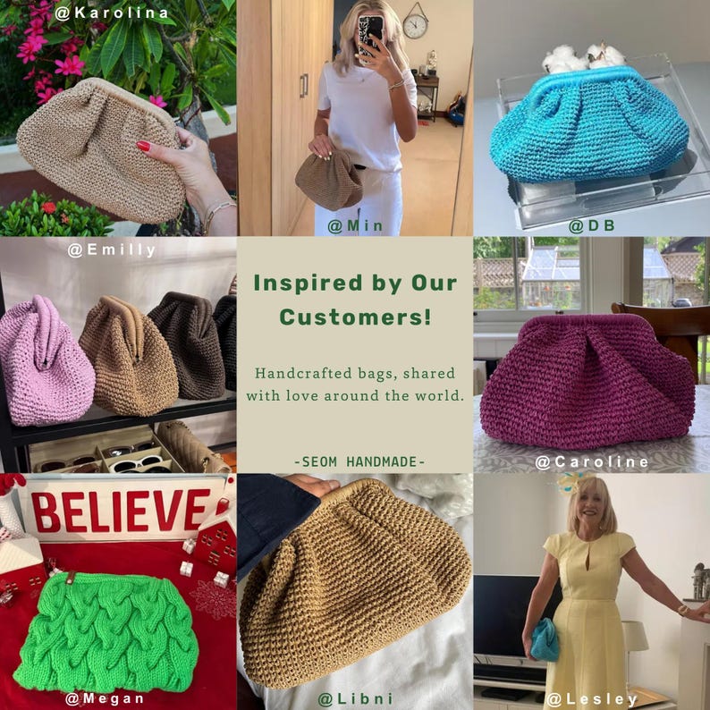 May include: A collage of images showcasing various crocheted bags in different colors, including beige, pink, purple, and blue. The bags are all handmade and feature a unique, gathered design. The text "Inspired by Our Customers!" and "Handcrafted bags, shared with love around the world." is displayed in the center of the collage.
