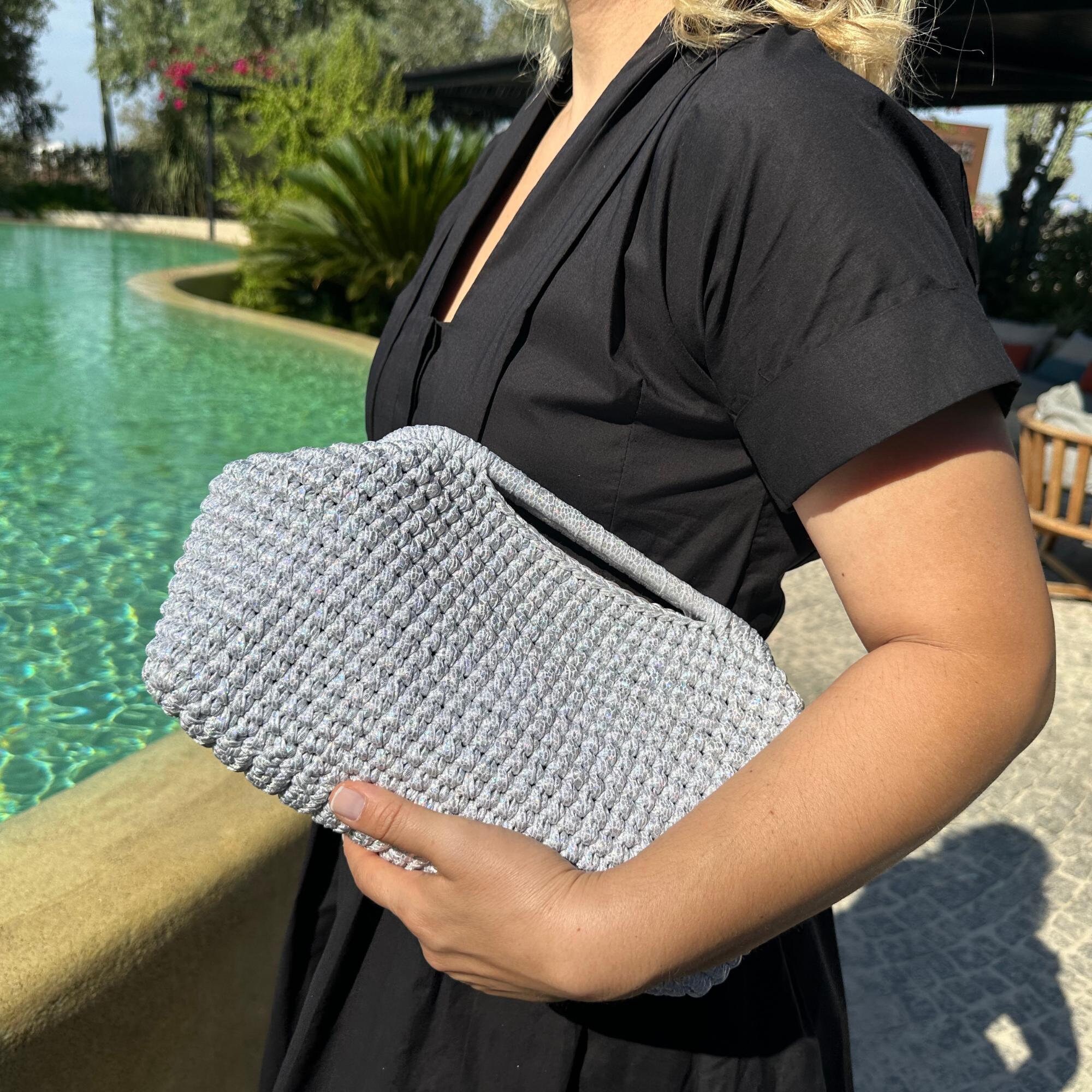 Handmade Leather Handbag for Women | Gray Knit Clutch for Women | Boho Inspired Handbag