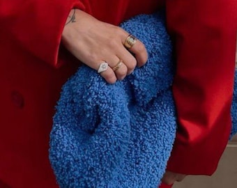 Blue Teddy Clutch Bag | Knitting Puffy Clutch with handbag | Teddy Crochet Purse Bag For Women