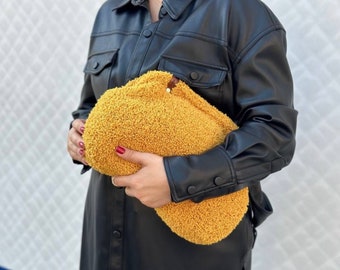 Mustard Yellow Handmade Dumpling Bag | Teddy Pouch Crochet Bag | Gift for Women Cloud Bag
