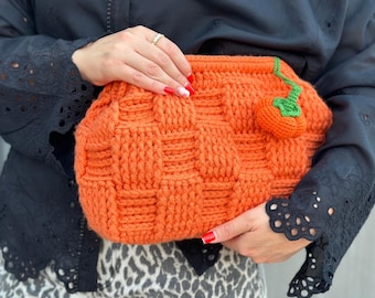 Halloween Pumpkin Clutch Bag | Orange Wool Handbag for Women | Chunky Knit Pouch With Hidden Metal Locked | Fall Autumn Purse Gift