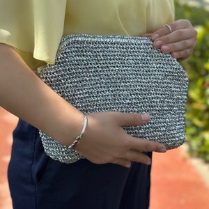 Raffia Metallic Silver Pouch Clutch Bag | Handmade Knitting Wedding Clutch | Unique Design Evening Pouch Bag