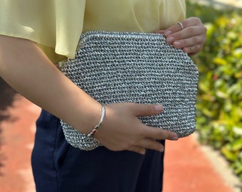 Raffia Metallic Silver Pouch Clutch Bag | Handmade Knitting Wedding Clutch | Unique Design Evening Pouch Bag