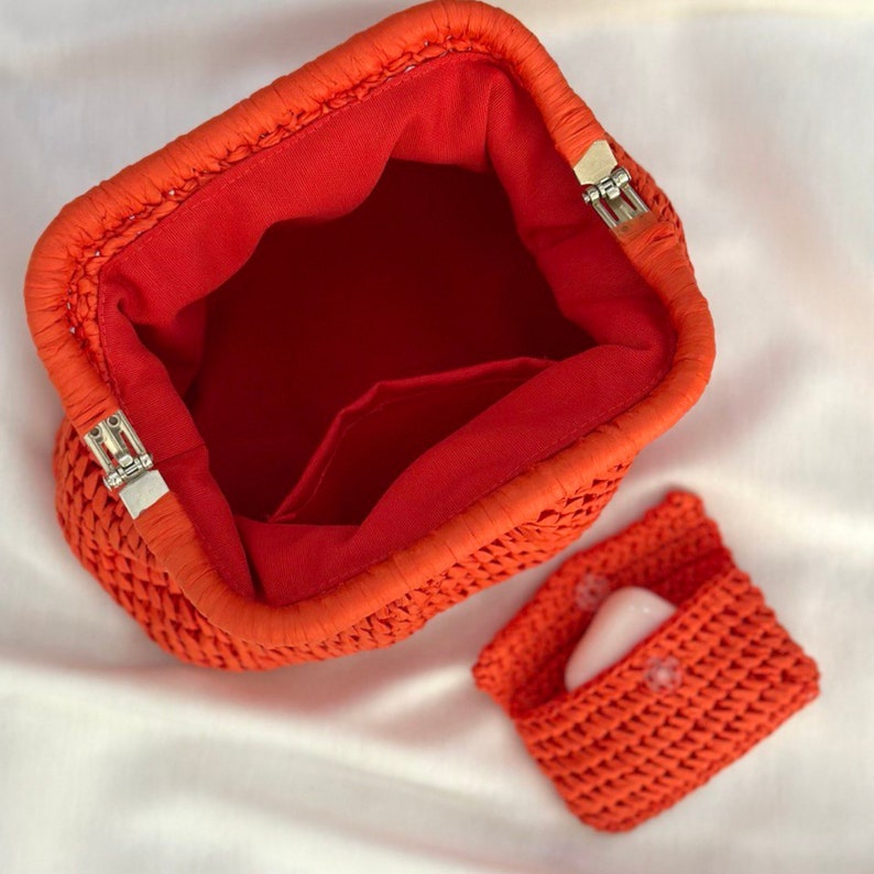 Orange Raffia Clutch Bag Straw Knitted Raffia Bag Pouch Clutch Bag With Hidden Metal Locked image 8