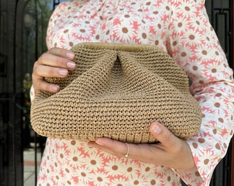 Medium Raffia Bag with Bridesmaid • Boho Straw Beach Tote Bag • Hand-Knitted Clutch Bag