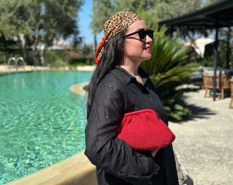 Handwoven Red Raffia Clutch Bag, Boho Straw Purse With Kiss Lock, Handmade Summer Bag, Elegant Evening Bag, Gift For Her, Beach Wedding Bag