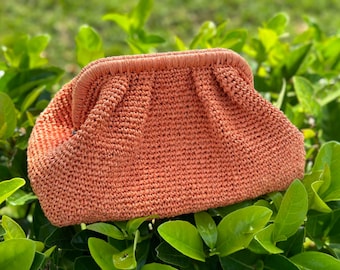 Orange Raffia Pouch Clutch Bag • Wicker Beach Clutch and Summer Bag
