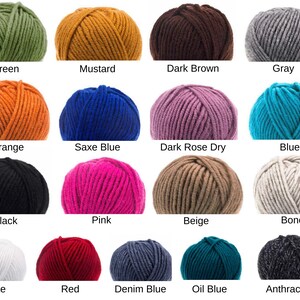 May include: A collection of yarn balls in various colors, including green, mustard, dark brown, gray, orange, blue, pink, beige, black, white, red, denim blue, oil blue, and anthracite.