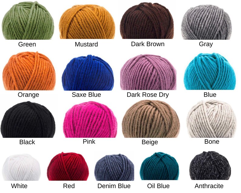 May include: A collection of yarn balls in various colors, including green, mustard, dark brown, gray, orange, blue, pink, beige, black, white, red, denim blue, oil blue, and anthracite.