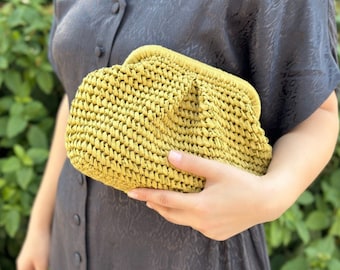 Mustard Yellow Raffia Clutch Bag  | Straw Knitted Natural Raffia Bag | Woven Raffia Pouch Clutch