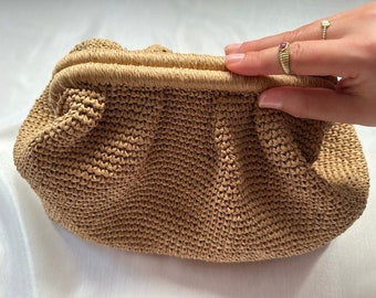 Beige Crochet Raffia Bag | Woven Straw Summer Handbag | Knitted Raffia Clutch For Women