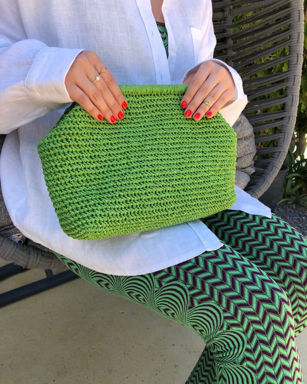 Crochet Raffia Pouch Clutch Bag Straw Summer Bag Wicker Beach Clutch