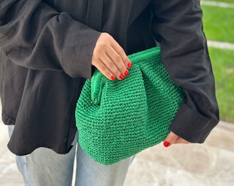 Green Raffia Beige Clutch Bag For Women | Large Straw Knitted Raffia Bag | Pouch Clutch Natural Handbag