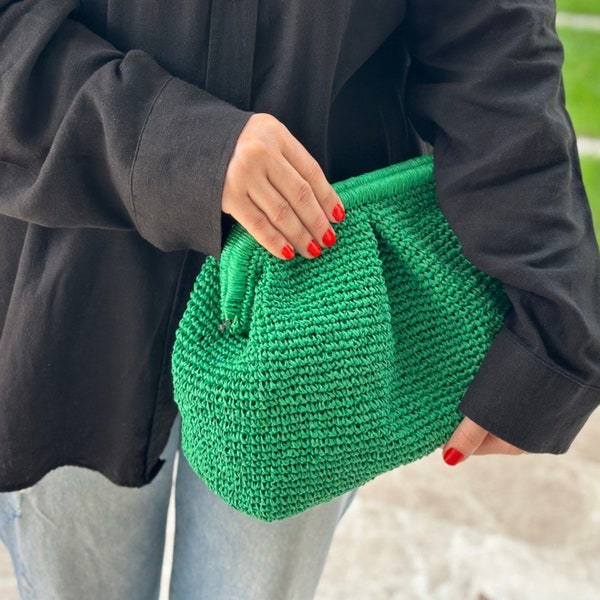 Green Raffia Beige Clutch Bag For Women | Large Straw Knitted Raffia Bag | Pouch Clutch Natural Handbag