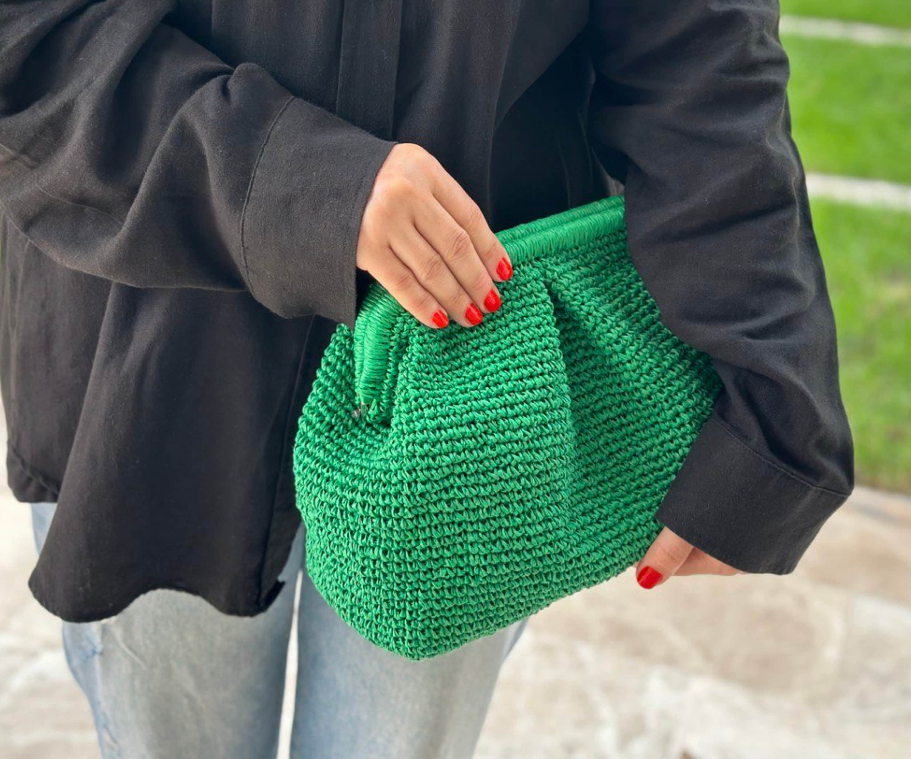 Green Raffia Beige Clutch Bag For Women | Large Straw Knitted Raffia Bag | Pouch Clutch Natural Handbag