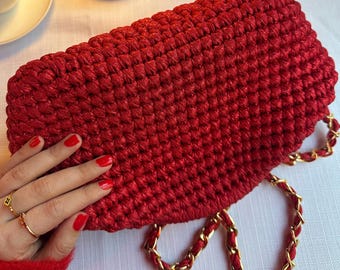 Handmade Red Leather Handbag for Women | Red Knit Clutch for Women | Chic Evening Bag For Women, Mother days gift bags