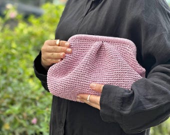 Handmade Crochet Bag | Raffia Clutch Bag With Hidden Metal Locked | Straw Woven Natural Handbag