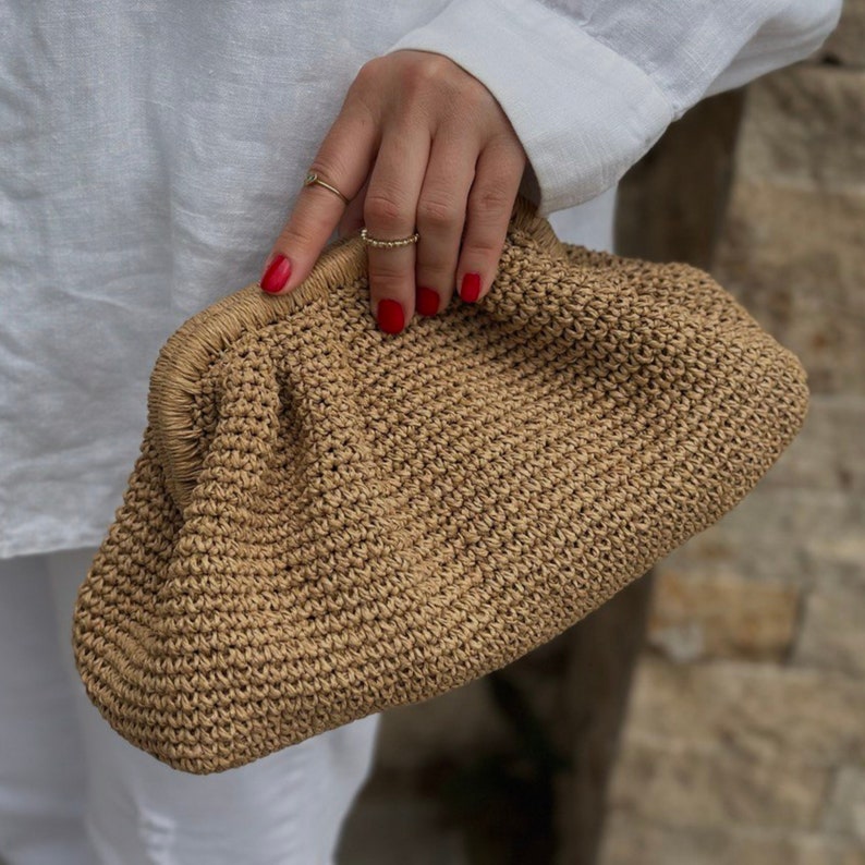 Small Raffia Beige Clutch Bag For Women Straw Knitted Raffia Bag Pouch Clutch Bag With Hidden Metal Locked image 3