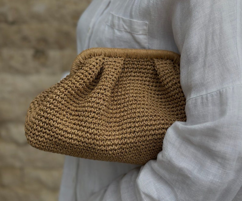 Small Raffia Beige Clutch Bag For Women Straw Knitted Raffia Bag Pouch Clutch Bag With Hidden Metal Locked image 8