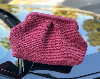Dark Rose Dry Raffia Clutch Bag | Woven Straw Natural Handbag | Knitted Raffia Pouch Clutch