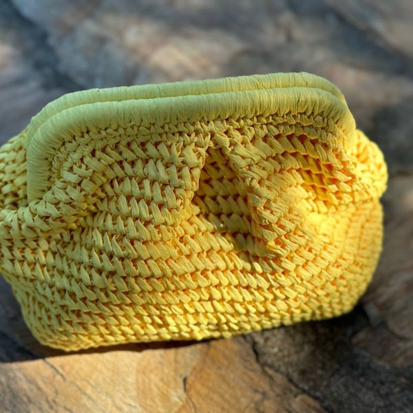 Yellow Summer Straw Bag | Raffia Clutch Handmade Bag | Women Bridesmaid Bag | Pouch Clutch Woven Handbag