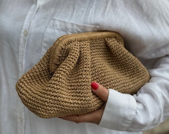 Small Raffia Beige Clutch Bag For Women | Straw Knitted Raffia Bag | Pouch Clutch Bag With Hidden Metal Locked