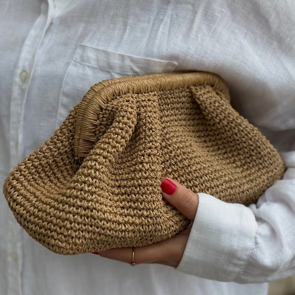 Kleine Raffia Beige handtas voor dames | Strogebreide Raffia tas | Zakje clutch tas met verborgen metaal vergrendeld