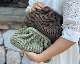 Raffia Crochet Clutch Bag | Woven Straw Summer Handbag | Pouch Clutch Bag With Hidden Metal Locked