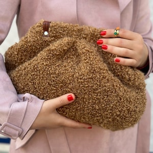 Beige Boucle Bag | Shearling Clutch for Wedding Bag | Knitting Puffy Clutch with Handbag