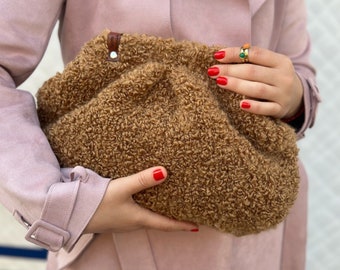 Beige Boucle Bag | Shearling Clutch for Wedding Bag | Knitting Puffy Clutch with Handbag