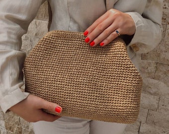 Beige Raffia Crochet Clutch Bag | Straw Knitted Raffia Bag | Summer Natural Handbag For Women