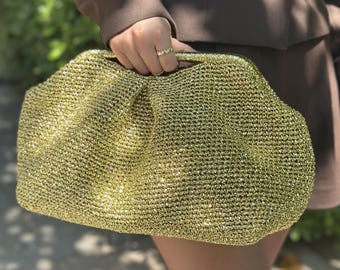 Gold Metallic Top Handle Purse Handmade Woven Evening Handbag for Party