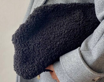Knitted Black Teddy Pouch Bag | Natural Summer Handbag | Teddy Crochet Purse Bag