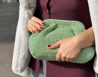 Sim Cord Light Green Raffia Clutch Bag - Handmade Woven Pouch - Custom Size & Color Summer Bag